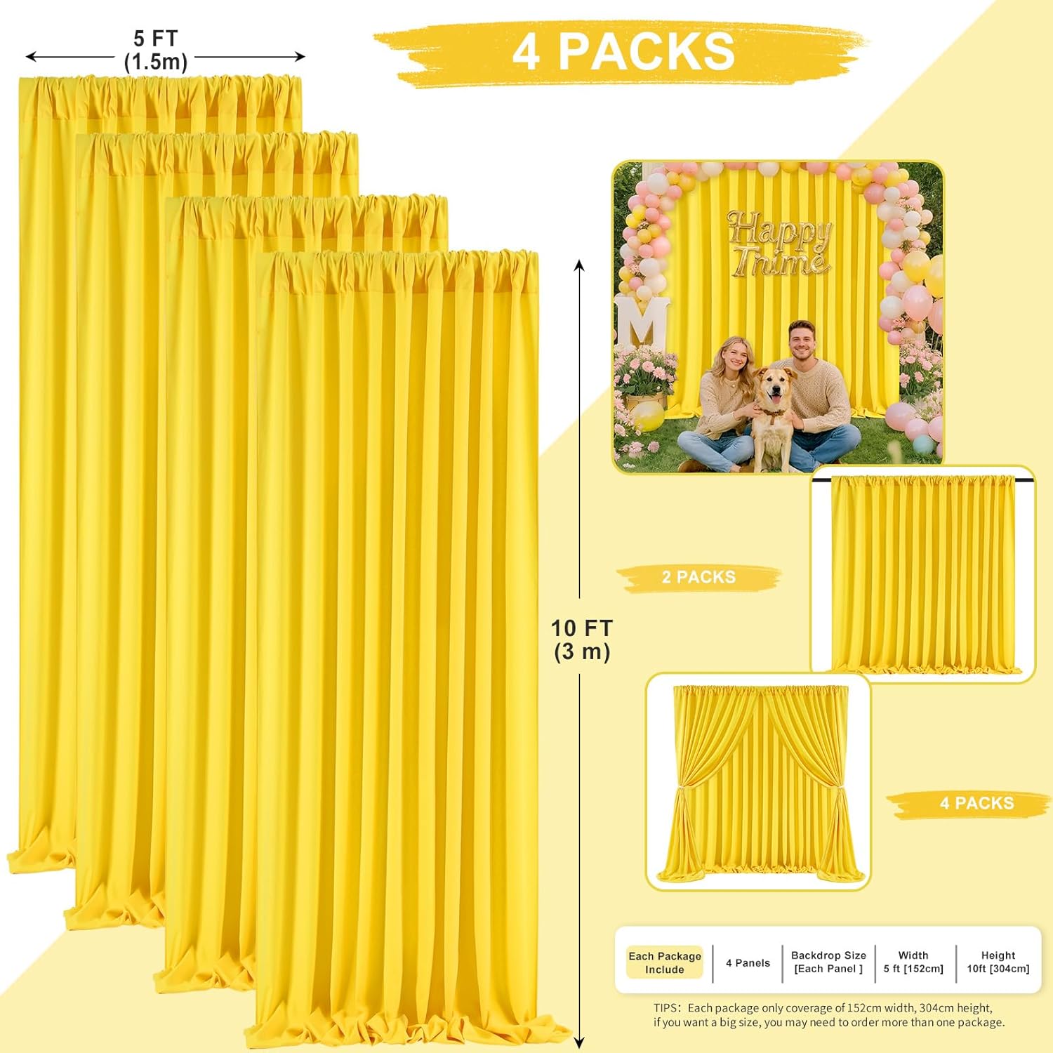 Yellow Backdrop Curtains 4 Panels 5ft x 10ft Lemon Yellow Curtain for Drapes Polyester Wrinkle Free Backdrop Birthday Party Baby Shower Decorations