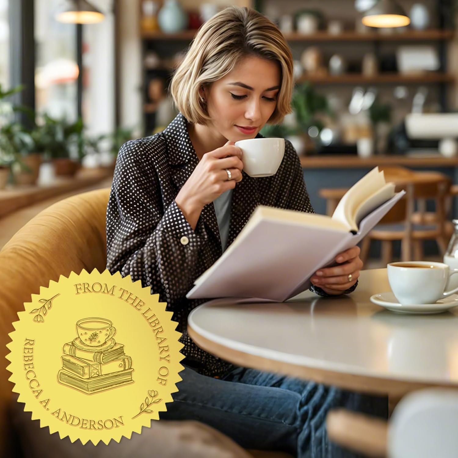 Personalized Book Embosser Stamp with Handle Set, Custom Self-Inking Library Stamp with Name & Design, Elegant Invitation Seal from Library Stamp Kit, Birthday, Book Lover Gifts（Books & Coffee）