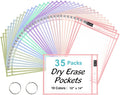 SUNEE 35 Packs Oversized Reusable Dry Erase Pocket Sleeves with 2 Rings, 10 Morandi Colors 10x14 Ticket Holders, Clear Plastic Sheet Protectors, Teacher School Classroom Supplies
