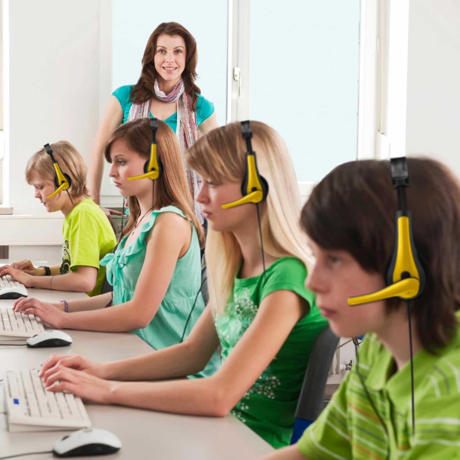Yunsailing 20 Pack Bulk Classroom Headphones with Microphone Students Kids Wired School Class Set Headphones for School Library Computer Office Adults 3.5 Jack Universal Plug(Yellow)