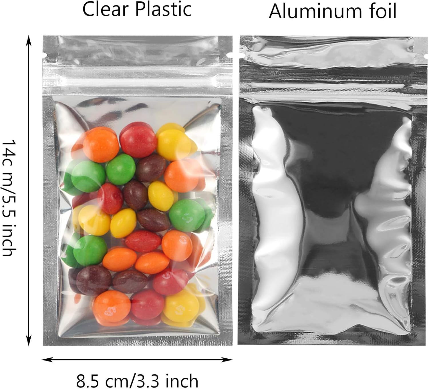 Resealable Mylar Bags | 100 Pcs 3.3 X 5.5 Inch | Smell Proof Bag Heat Seal Cute Packaging Foil Food Sealable Small Front Clear Plastic Silver for Storage Candy Beef Jerky Jewerly Product