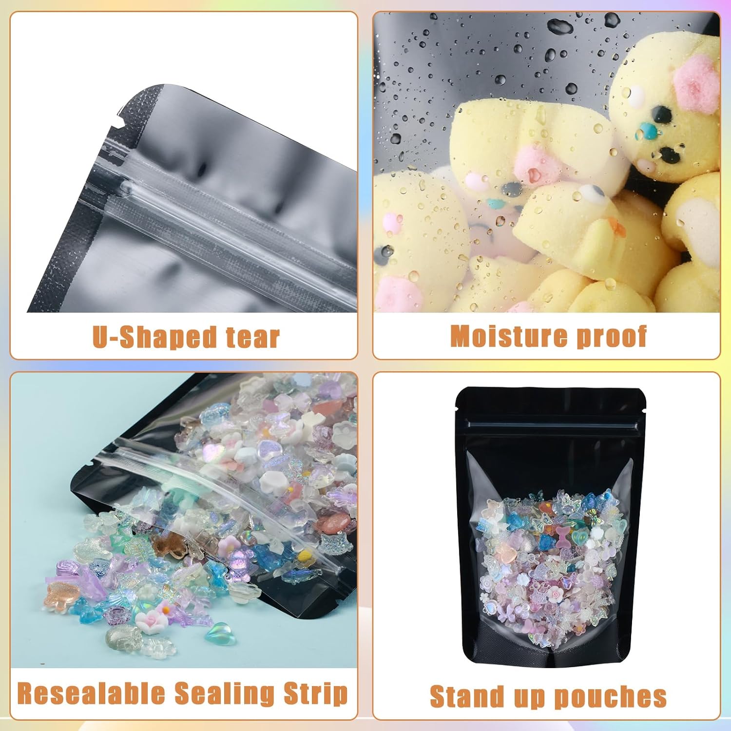 200 Mylar Bags for Food Storage 5X8 Mylar Bags with Window Candy Packaging Resealable Bags Black Stand Up Pouches Edible Packaging for Small Business