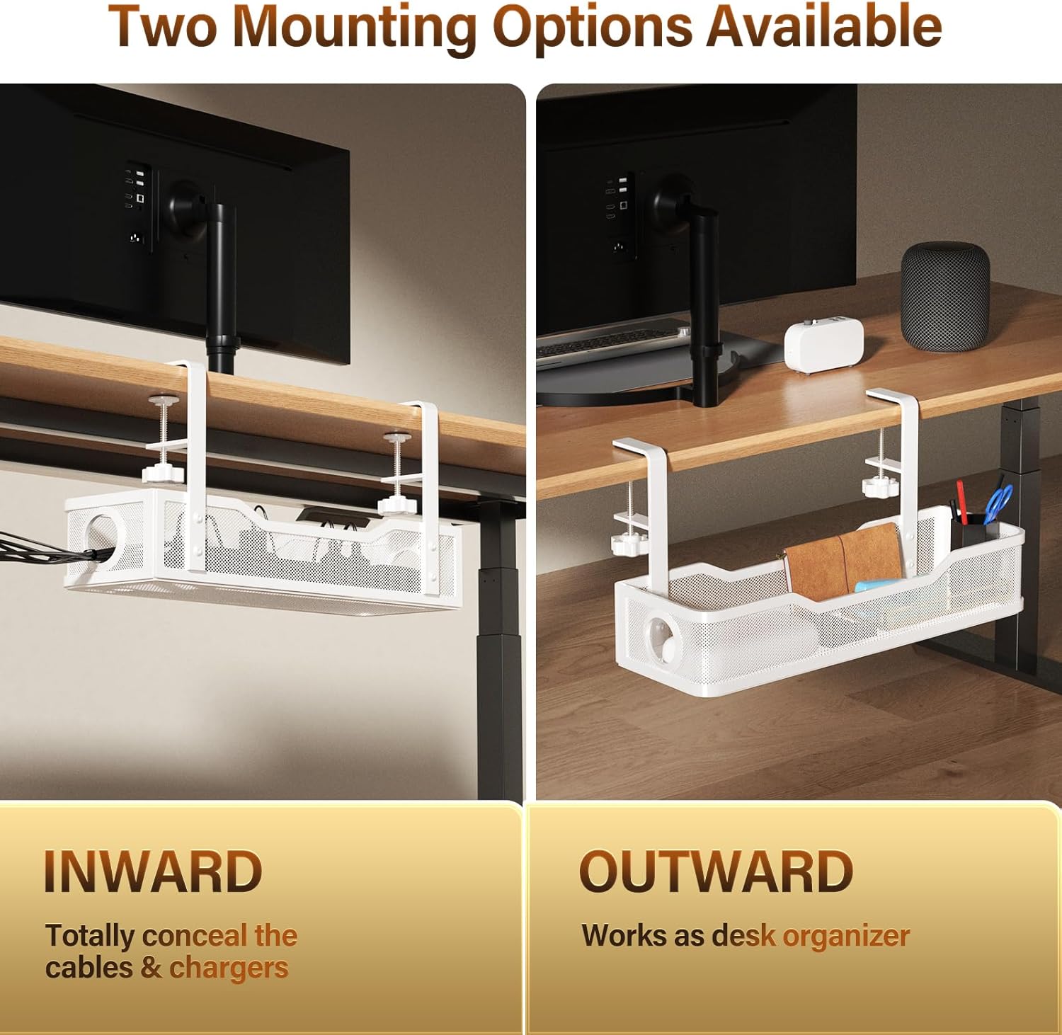 [Upgraded] Under Desk Cable Management Large, Cinati 16" Cable Management Box for Table Thickness up to 3", Wire Cord Organizer with Clamp No Drill, No Damage to Desk (White)