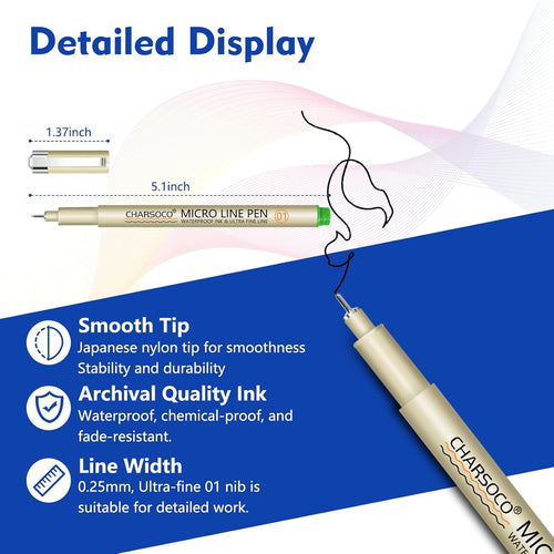 01 Micro Pen, Fine Point Pen with 6 Colors, Waterproof Archival Ink, 0.25mm Fineliner Ink Pens for Artist Illustration, Sketching, Anime, Manga, Technical Drawing and Scrapbooking