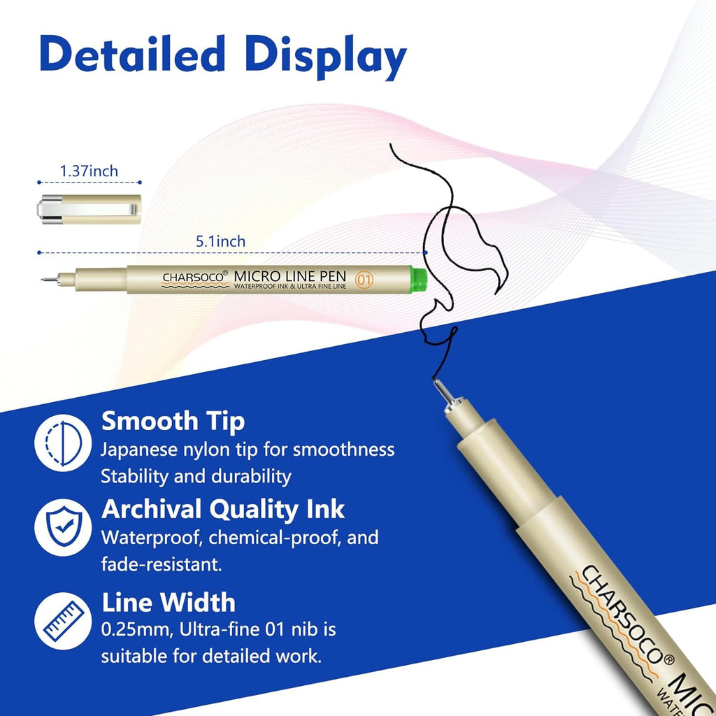 01 Micro Pen, Fine Point Pen with 36 Colors, Waterproof Archival Ink, 0.25mm Fineliner Ink Pens for Artist Illustration, Sketching, Anime, Manga, Technical Drawing and Scrapbooking