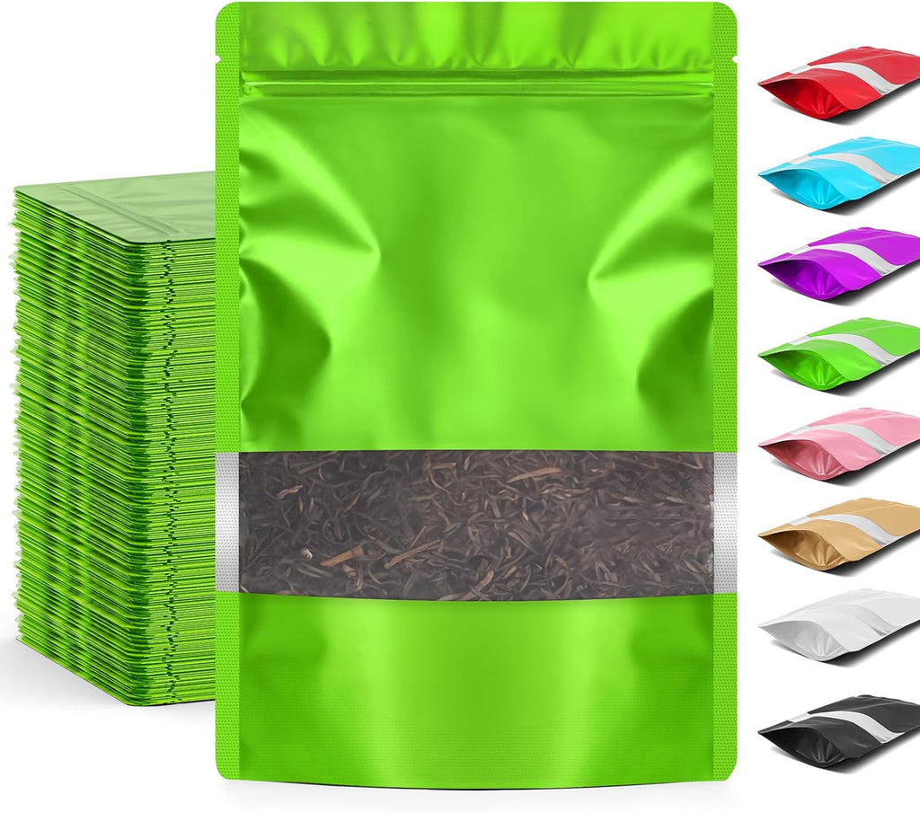 Funfery 100 Pcs Smell Proof Packaging Bags,Mylar Clear Bags for Food Storage,Sealable Bag for Packaging,Stand Up Pouches with Window,ReSealable Bag for Small Business,Cookies,Candy(Green,4x6in)