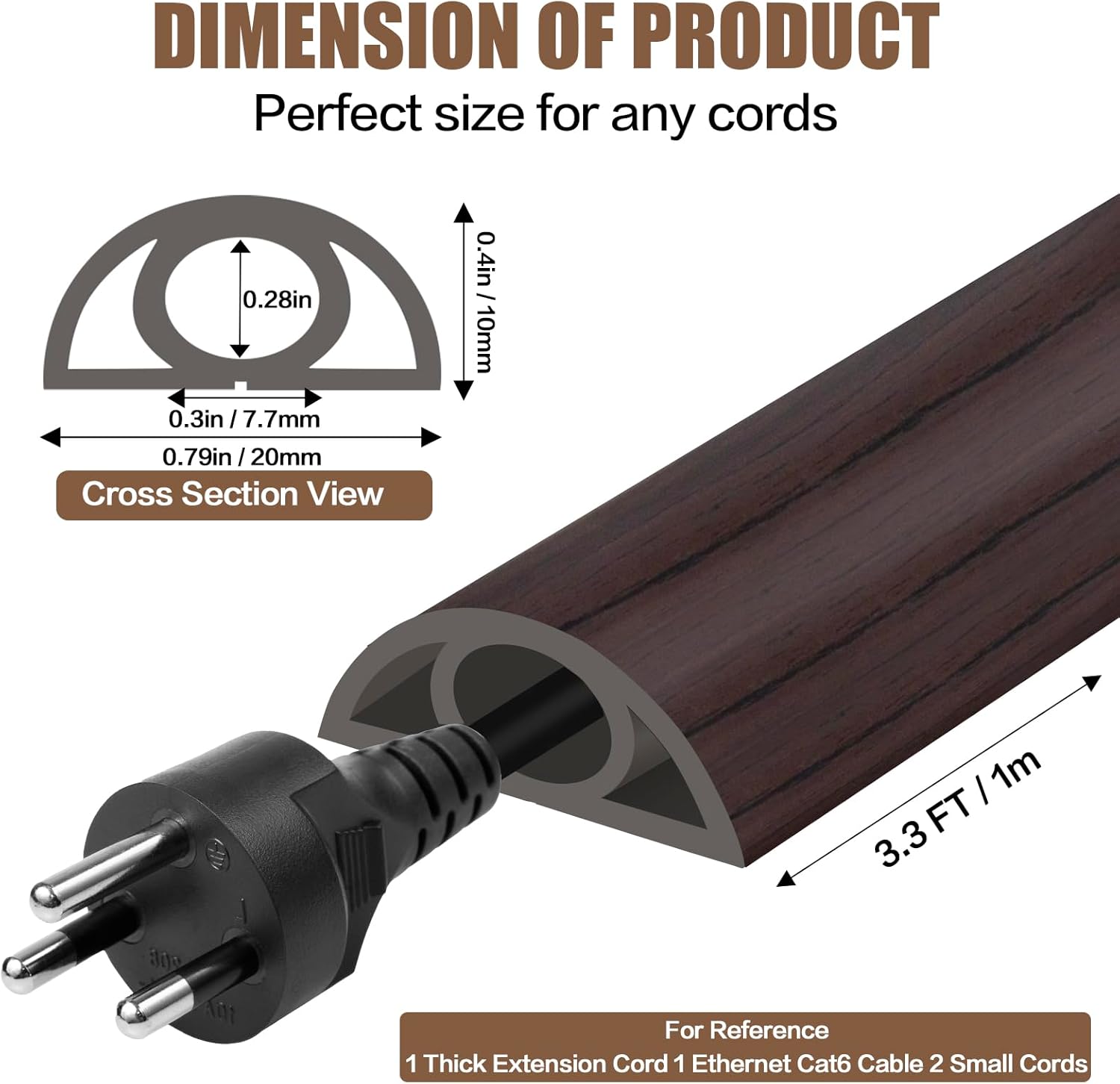 Floor Cord Cover Self Adhesive Cord Hider,3.3FT Cable Management, Extension Strip Protector for Wires, Prevent Cable Trips for Offices, Gyms, Exhibitions Cavity:0.3"(W) x 0.28"(H) Black Wood