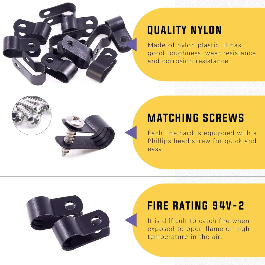 Swpeet 120 Pack Black 5/16 Inch Nylon Plastic R-Type Cable Clips Clamp Kit, Nylon Screw Mounting Cord Fastener Clips with 60 Pack Screws for Wire Management (5/16 Inch, Black)