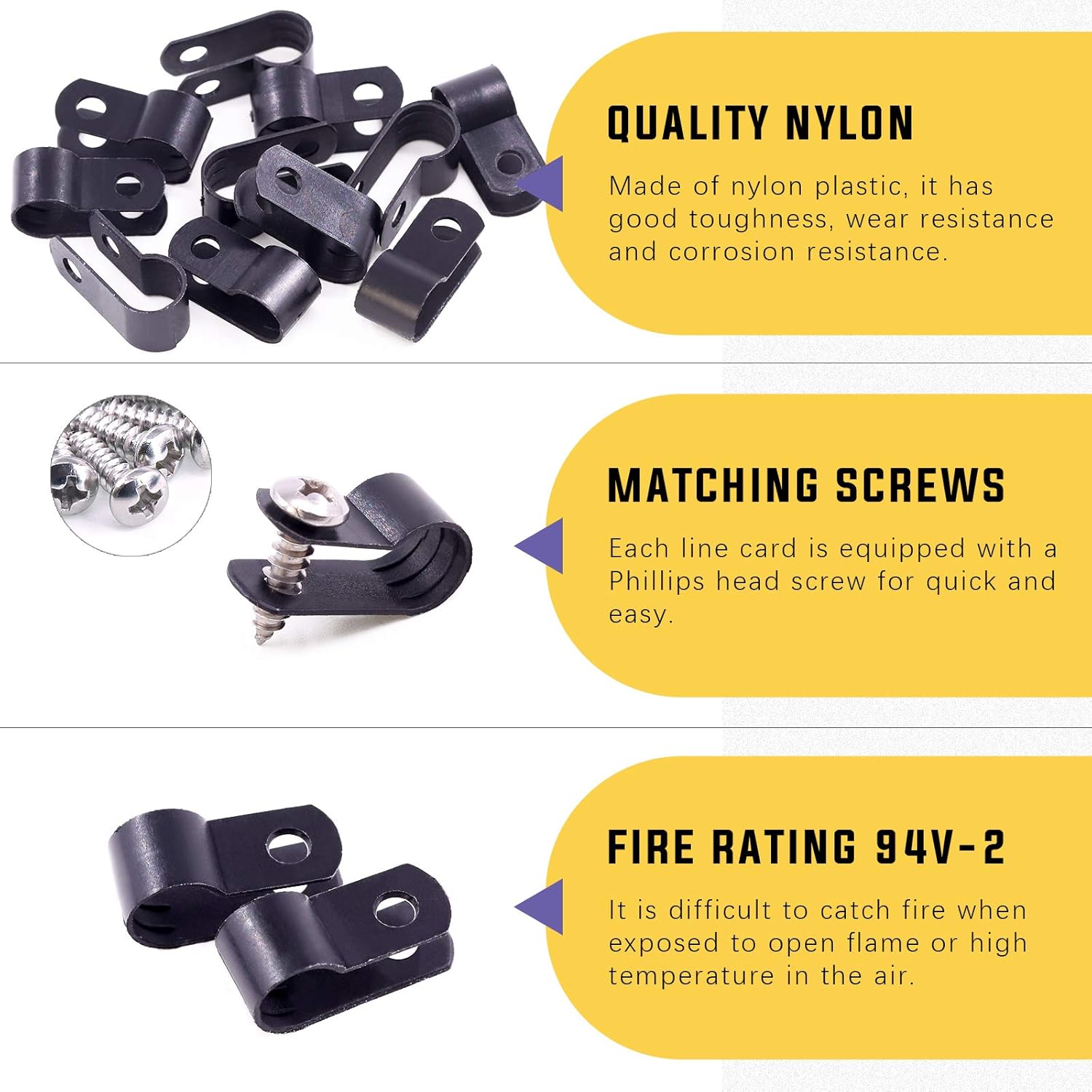 Swpeet 120 Pack Black 5/16 Inch Nylon Plastic R-Type Cable Clips Clamp Kit, Nylon Screw Mounting Cord Fastener Clips with 60 Pack Screws for Wire Management (5/16 Inch, Black)