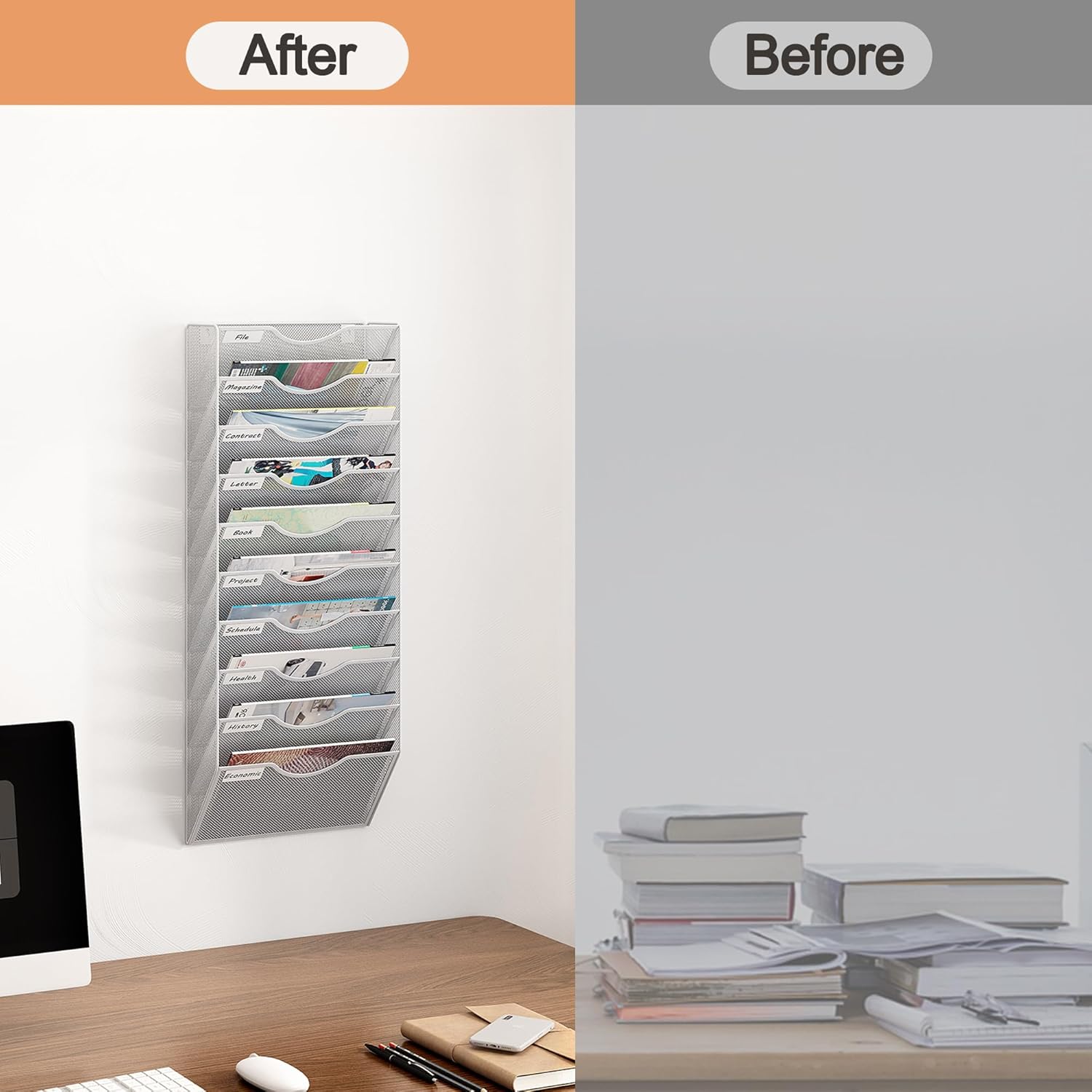 10 Tier Hanging Wall File Holder, Metal A4 Wall Mounted Document Holder, Vertical Hanging Mail Organizer, Magazine Storage Rack with Tray for Office Home Classroom, White