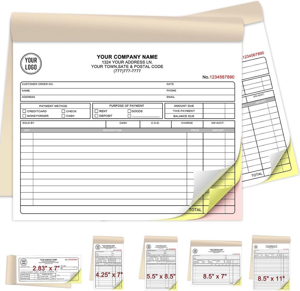 Custom Invoices Receipt Book for Small Business Personalized 3-Part Duplicate Carbonless Logo Receipt Books Sales Payment Forms with Company Name Address Phone Number 100 Sets 8.5" x 7"