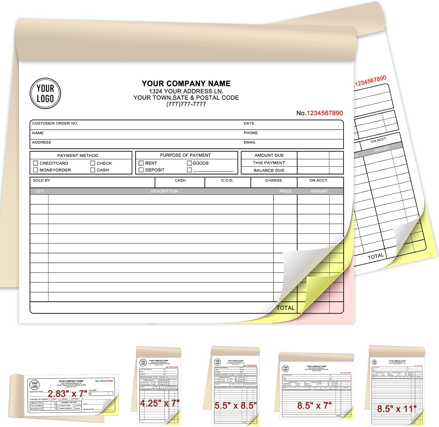Custom Invoices Receipt Book for Small Business Personalized 3-Part Duplicate Carbonless Logo Receipt Books Sales Payment Forms with Company Name Address Phone Number 100 Sets 8.5" x 7"