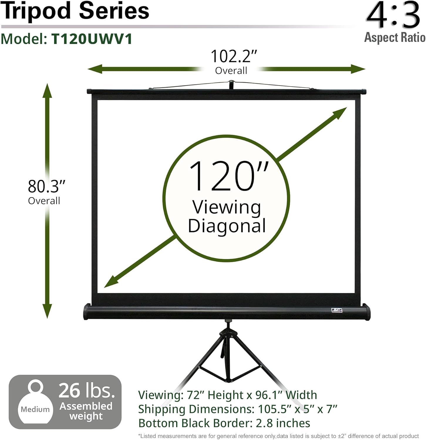 Elite Screens Tripod, 120-Inch 4:3 Portable Projector Screen with Stand– MaxWhite 2, 1.1 Gain, Adjustable Indoor Outdoor Pull Up Projection Screen for Home Theater, Office & Classroom, T120UWV1, Black