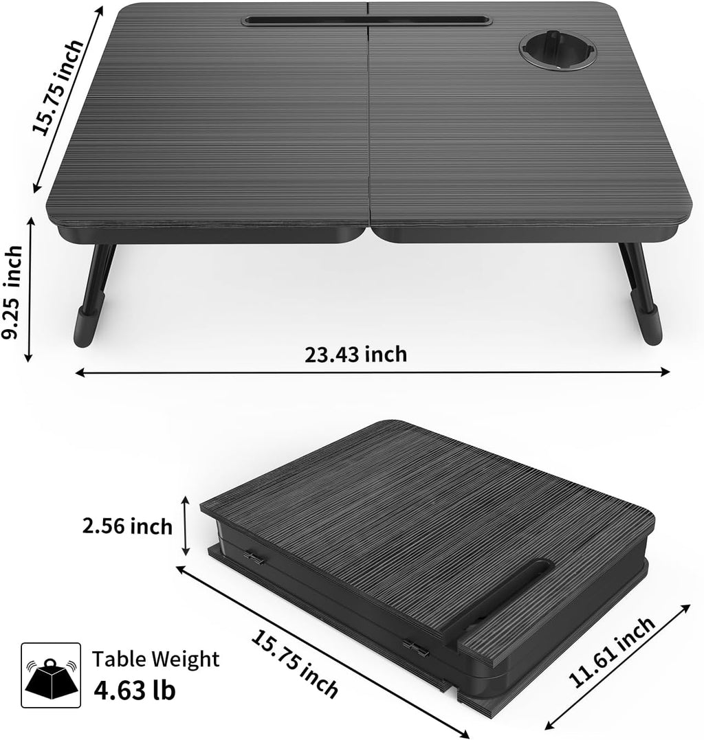 BUYIFY Portable Foldable Laptop Desk for Bed and Couch, Adjustable Lap Desk with Cup Holder and Phone Holder, Ideal for Working, Reading, Writing, and Breakfast (Black)