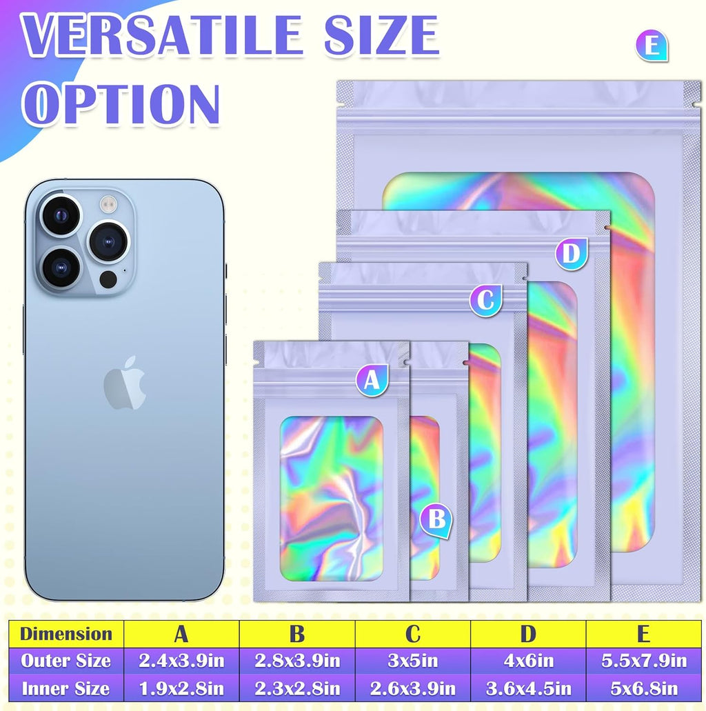 100 Pcs Mylar Bags, Smell Proof Bags Foil Pouch, Holographic Resealable Bags for Small Business, Candy Sample Jewelry Bag Sealable Packaging for Party Favor Food Storage (2.8x3.9in-Purple)