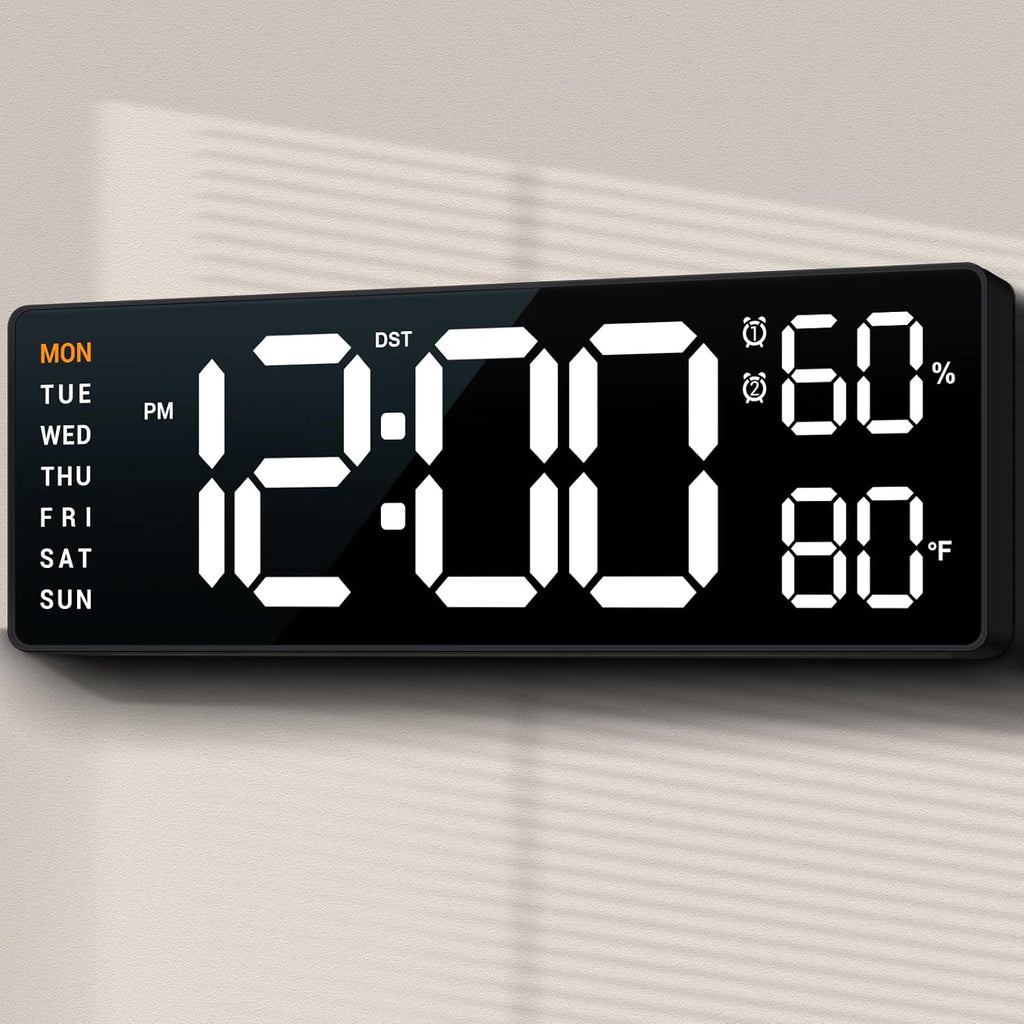 10" Digital Wall Clock: Dual Alarm Wall Mount Decor Clock for Living Room Classroom Office Desk, House Warming Gifts New Home Decor, Gift for Mom Dad Seniors Teen White