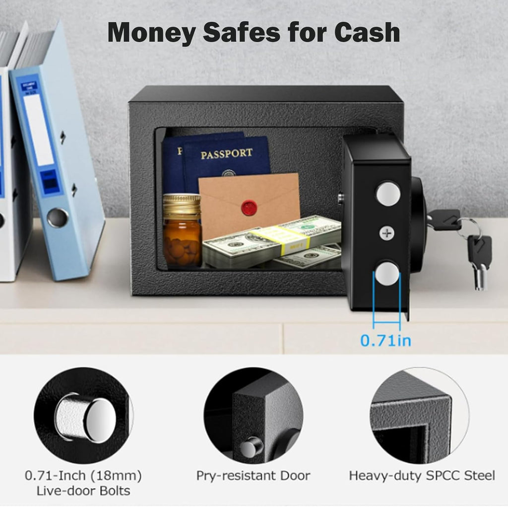 Small Mini Fire Safe Box for Home, 0.3 Cubic Feet Medication Lock Box, Security Money Safes with Digital Keypad, Spare Keys, Dorm Room Safe for Money, Jewelry, ID Documents