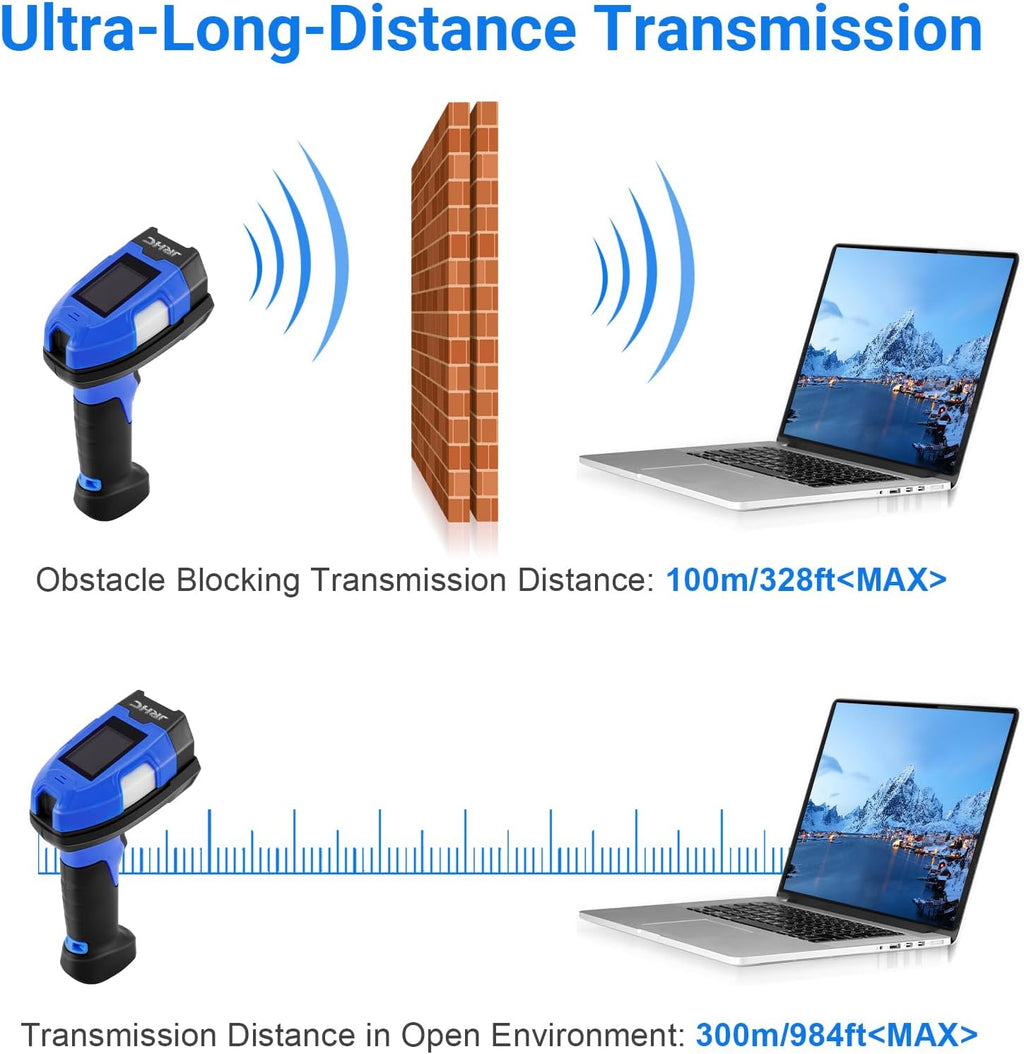 Barcode Scanner Industrial, Wireless 1D Laser Bar Code Scanners 2 in 1 Plug and Play Rugged Heavy Duty & IP65 Waterproof, Long-Distance Wireless Handheld Barcode Reader with 1.8" Screen