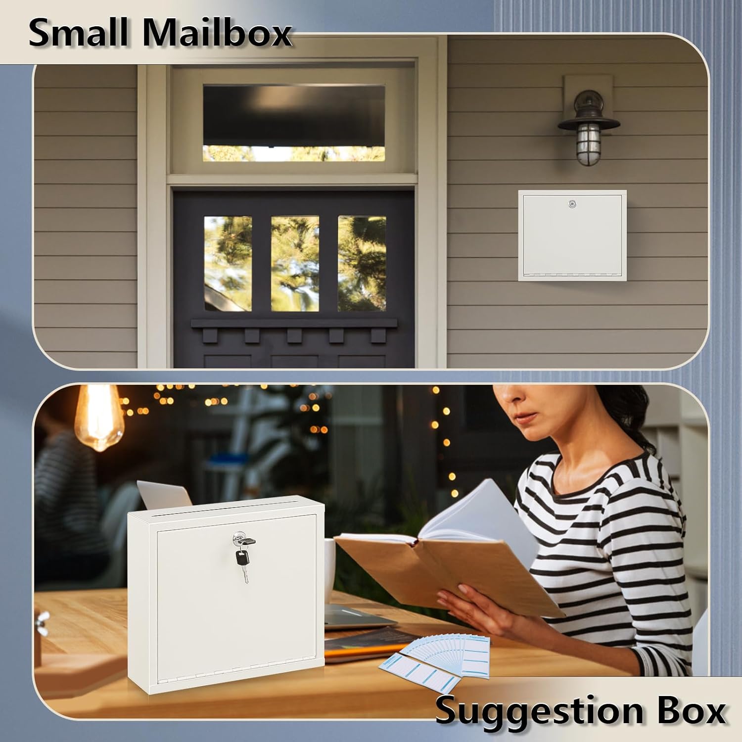 KYODOLED Suggestion Box with Lock and Slot, Wall Mounted Small Mailbox for Office, Key Drop Box with 50 Free Suggestion Cards, Safe Lock Box, Ballot Box, Donation Box, 3W x 10H x 12L Inch White