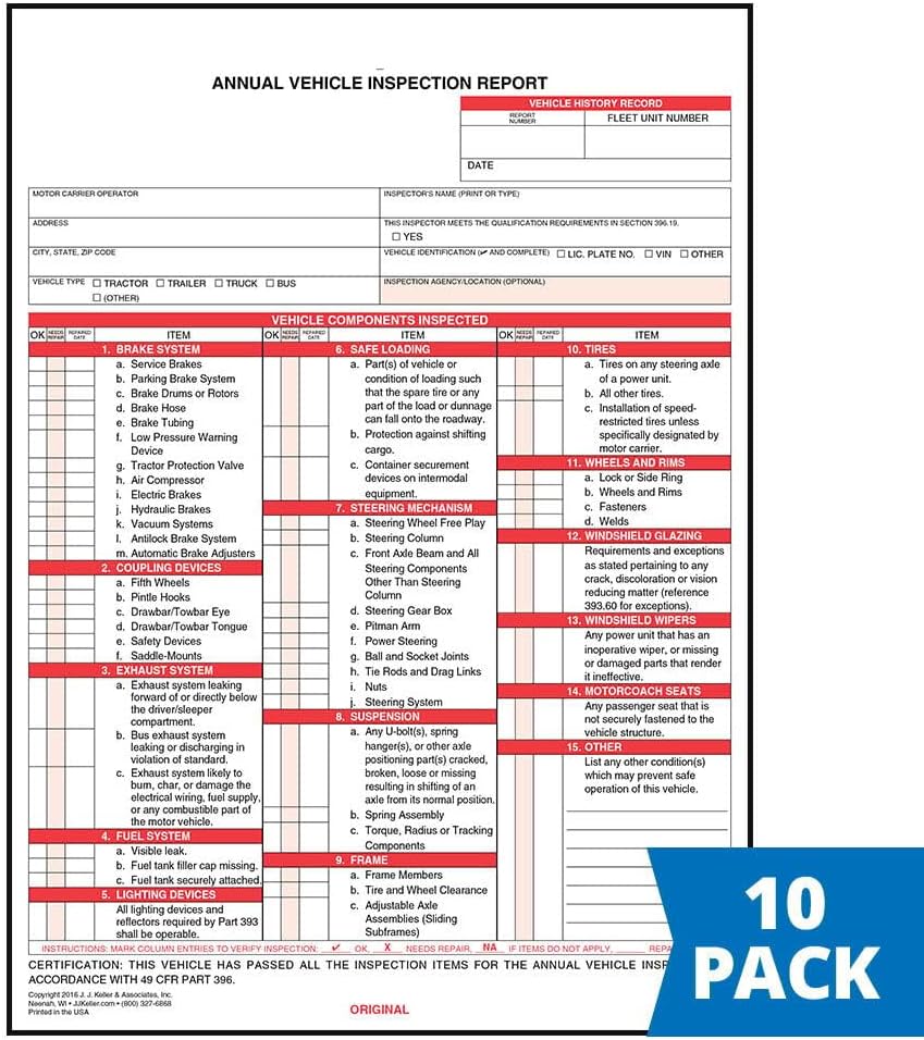 J. J. Keller 10-Pack, Annual Vehicle Inspection Report Forms, 3-Ply Carbonless Form, DOT Compliant