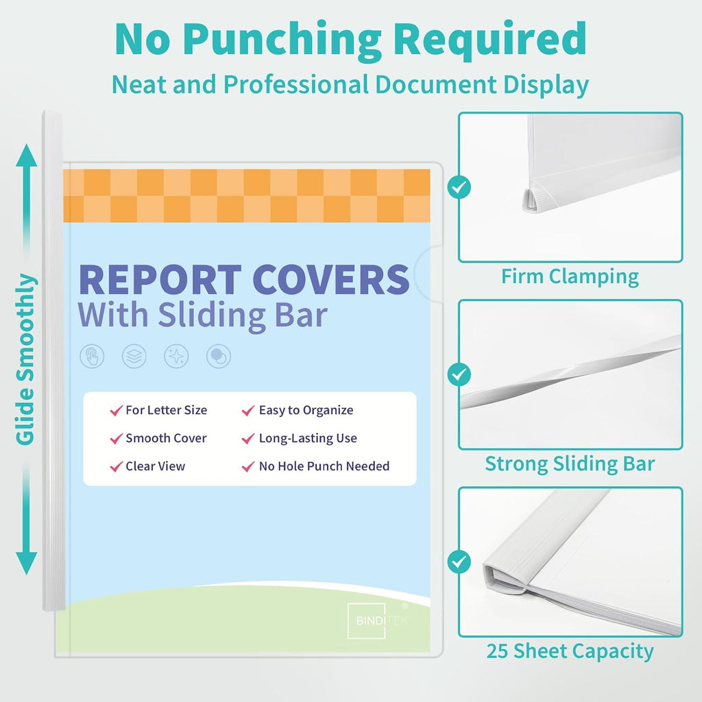 Binditek 40 Pack Clear Report Covers with Sliding Bars, 25 Sheet Capacity, 5mm Sliding Bar File Folder, Letter Size, 5.5 Mil Thick, 5 Assorted Colors, for Students and Coworkers