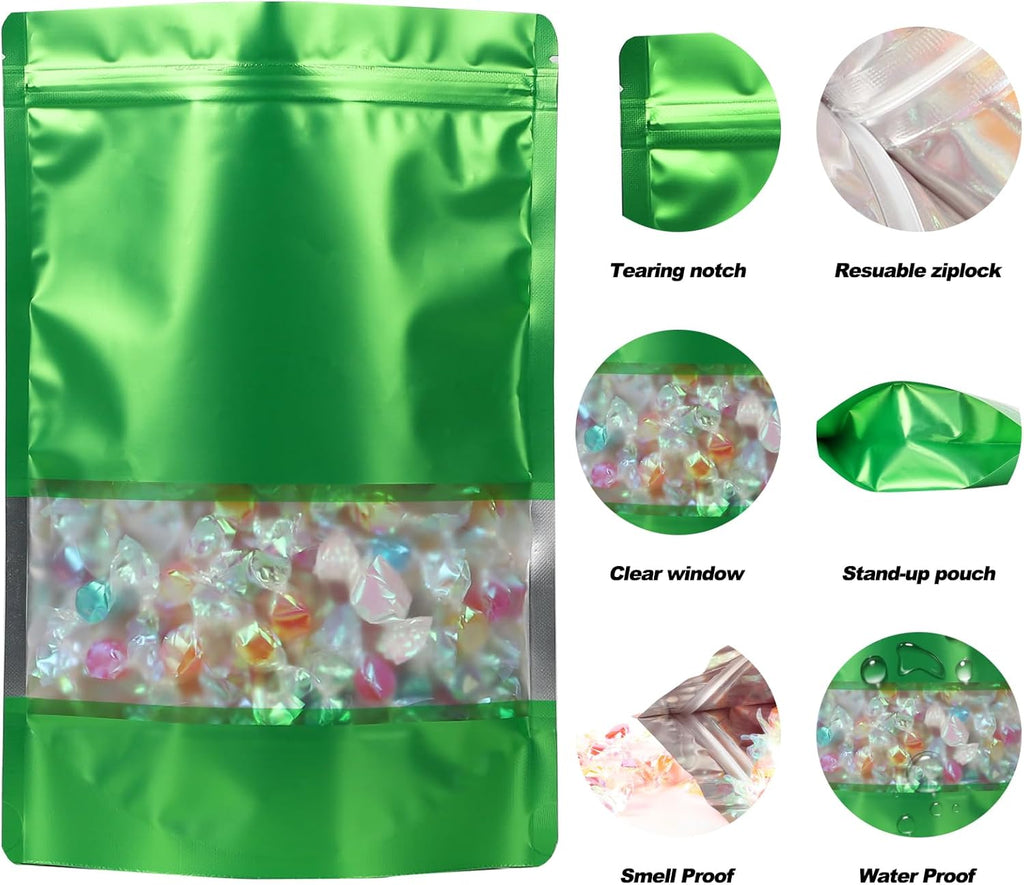 100 Pack Smell Proof Bags, Resealable Mylar Bags with Matte Window, Foil Pouch Stand-up Bags for Food Self Sealing Storage, Scratch Resistant Hand Storage Bags.(Green, 4.7×7.9 Inch)