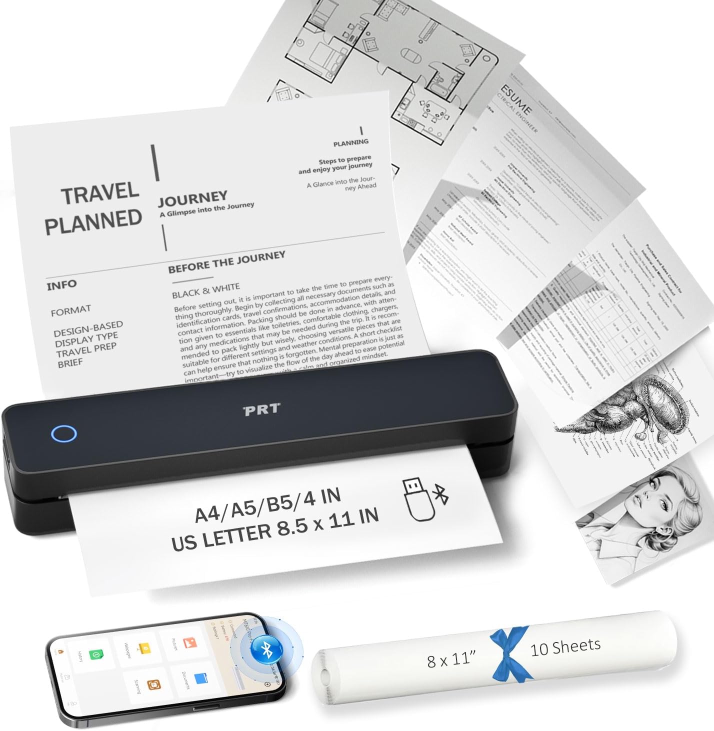 Inkless Portable Printer for Travel, Wireless Thermal Printer Support 8.5 x 11 Inch US Letter A4 B5, Bluetooth Mobile Printers with iOS, Android, Laptop for Home Use, Car, Office, School, Black