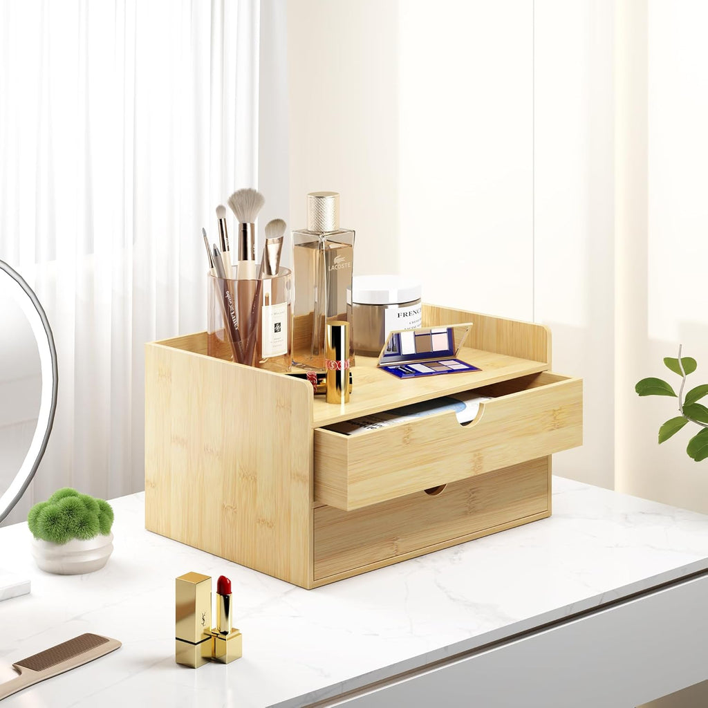 Bamboo Desk Organizer with Drawers Desktop Storage Drawers for Bills Office Supplies Kitchen Utensils Organizing Tool for Home Classroom Organization No Assembly (Nature 2 Drawer)