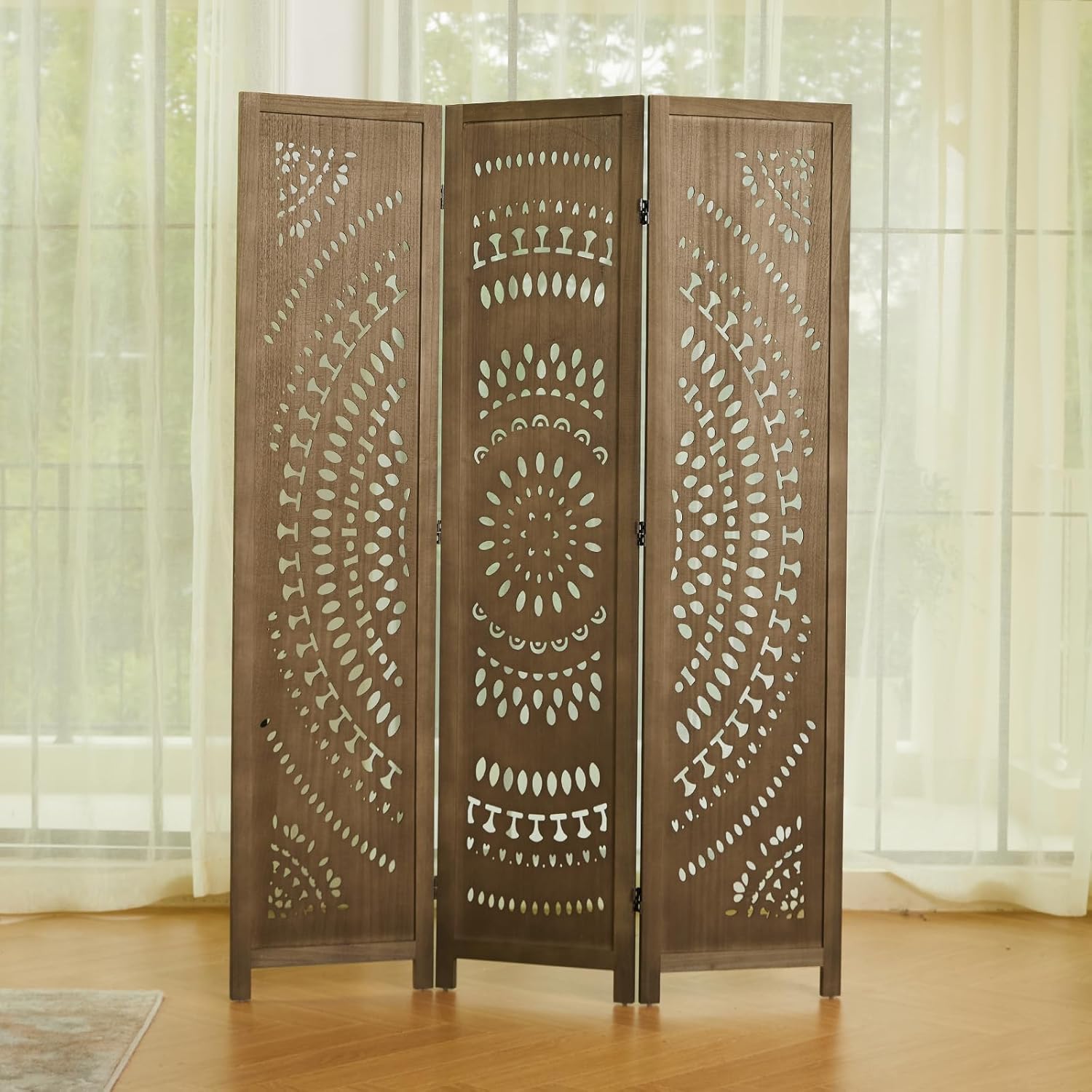66.9Inch Folding Room Divider, 3 Panels Wood Carved Privacy Screens, Free Assembled Freestanding Partition for Home Office Restaurant Bedroom (Brown)