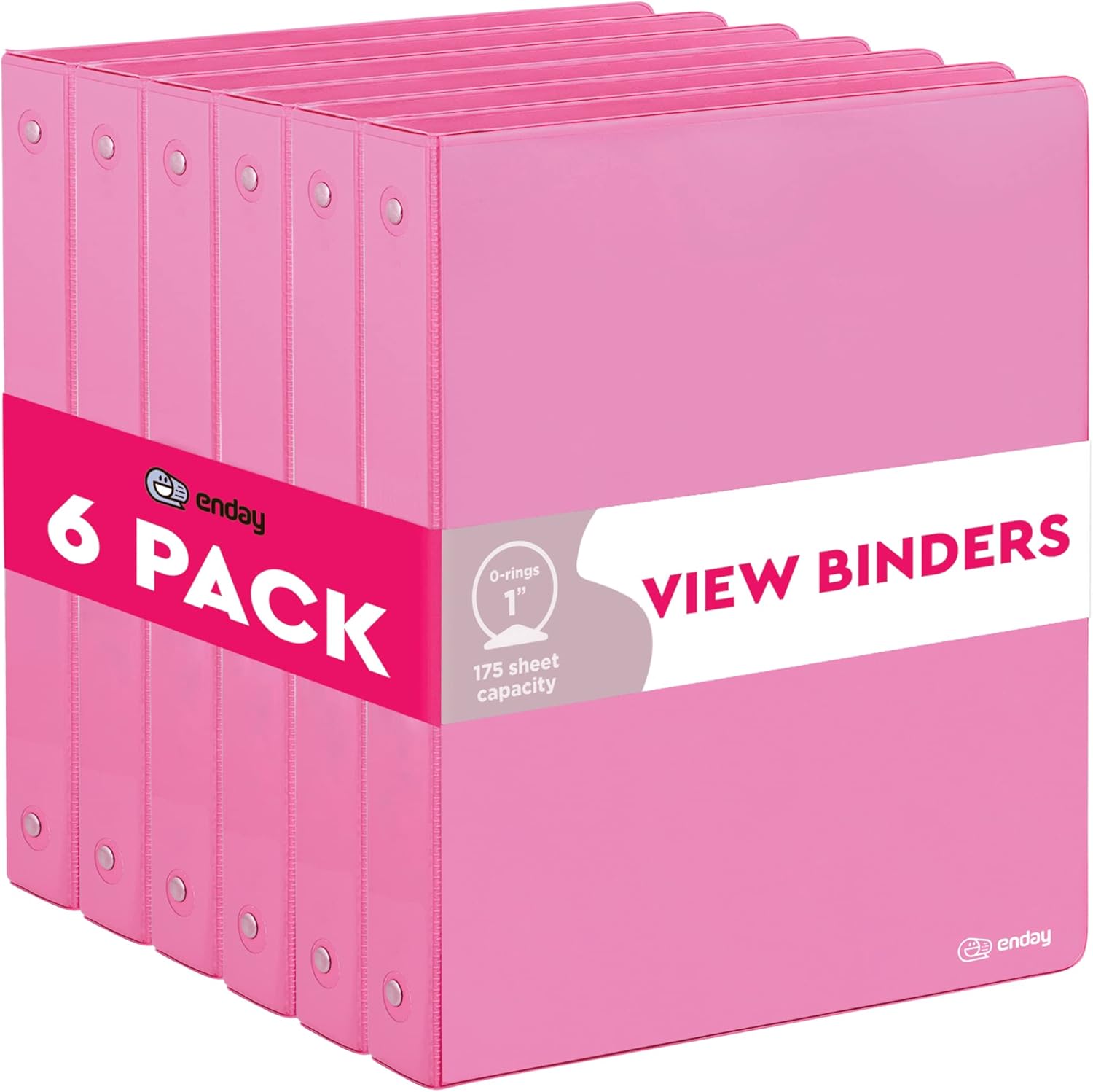 3 Ring Binder Pink, 1 Inch, 1” Clear View Cover with 2 Inside Pockets Round Ring Binder, Colored School Supplies Binders, Also Available in Grey, Blue, Purple, Green, and Red (6 PC) – by Enday