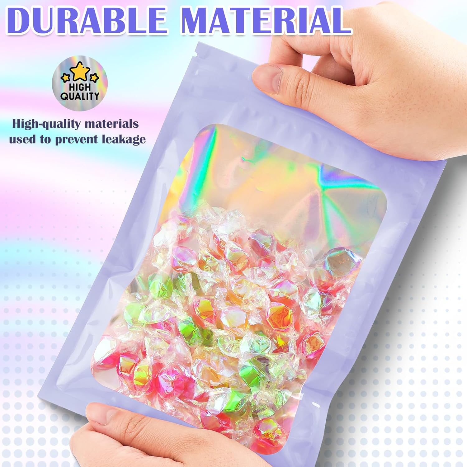 100 Pcs Mylar Bags, Smell Proof Bags Foil Pouch, Holographic Resealable Bags for Small Business, Candy Sample Jewelry Bag Sealable Packaging for Party Favor Food Storage (5.5x7.9in-Purple)