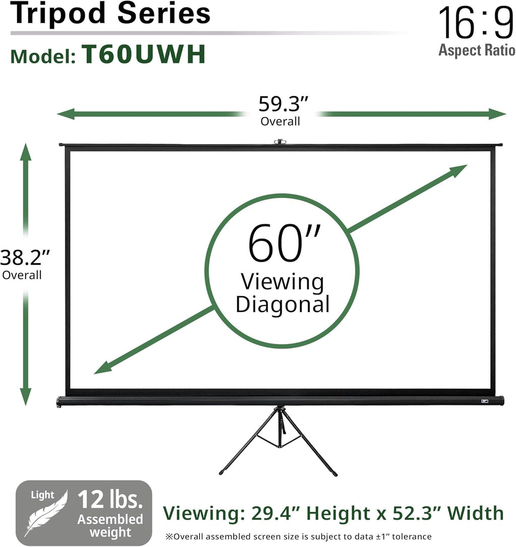Elite Screens Tripod, 60-Inch 16:9 Portable Projector Screen with Stand– MaxWhite 2, 1.1 Gain, Adjustable Indoor Outdoor Pull Up Projection Screen for Home Theater, Office & Classroom, T60UWH, Black