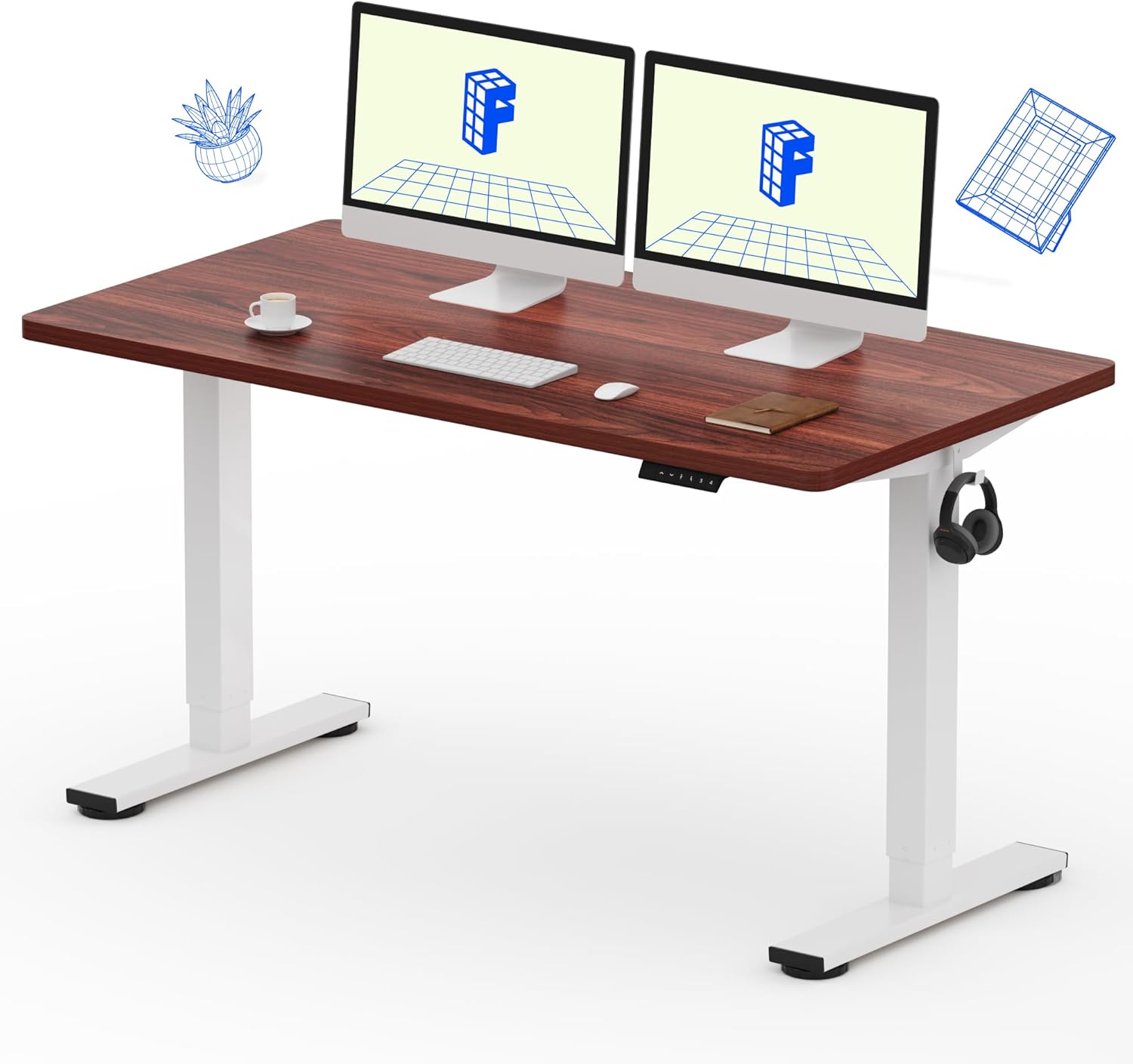 FLEXISPOT EN1 One-Piece Standing Desk, 55 x 28 Inches Electric Height Adjustable Desk for Home Office (White Frame + Mahogany Desktop, 2 Packages)