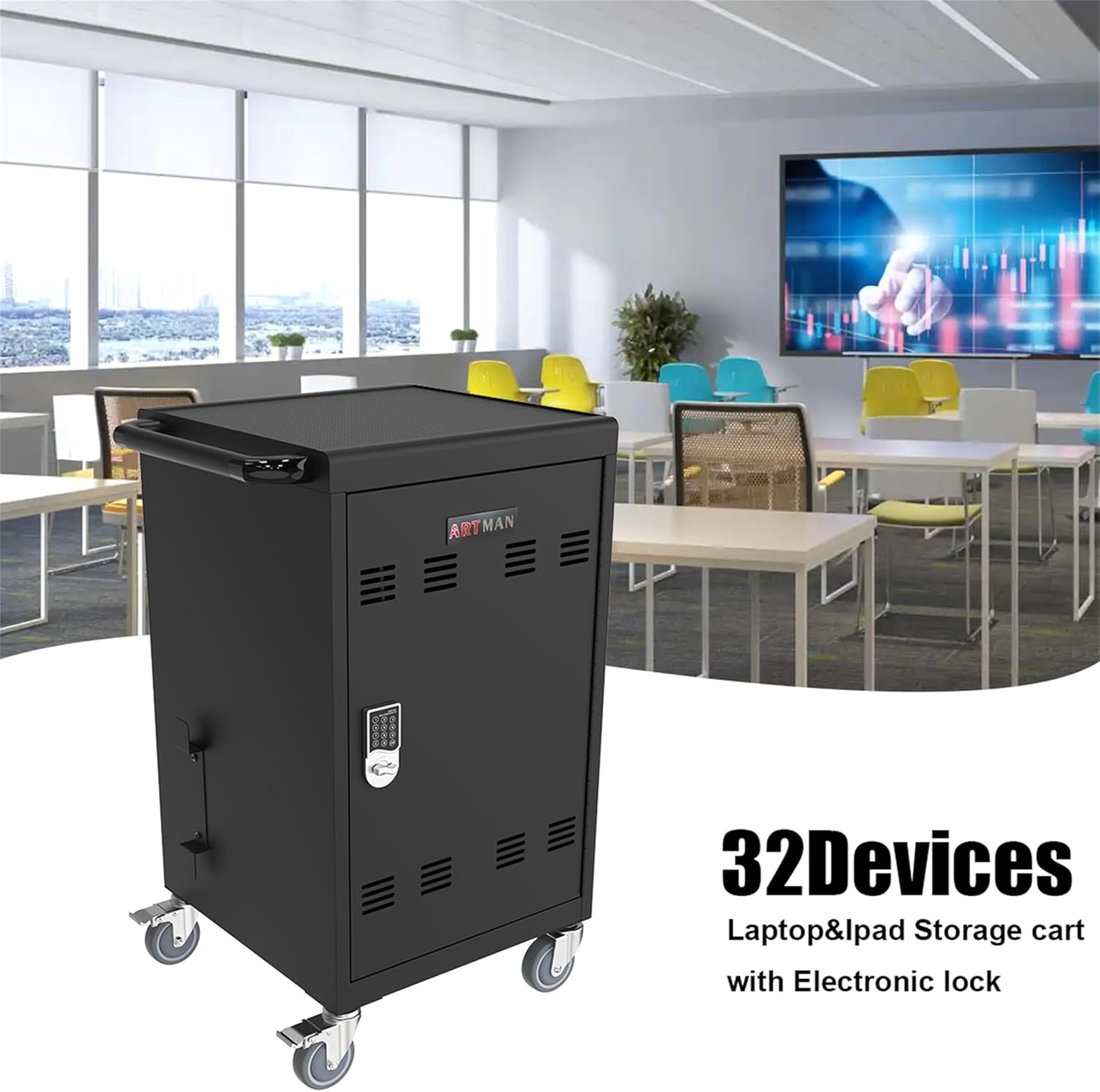 30 Devices Mobile Charging Cart and Cabinet, Laptop Charging Storage Cart, Combination Locks for Front Doors, Easy Cables Manage, Up to 16.3" Screen for Tablets Laptops, Laptop and Chromebook,Black