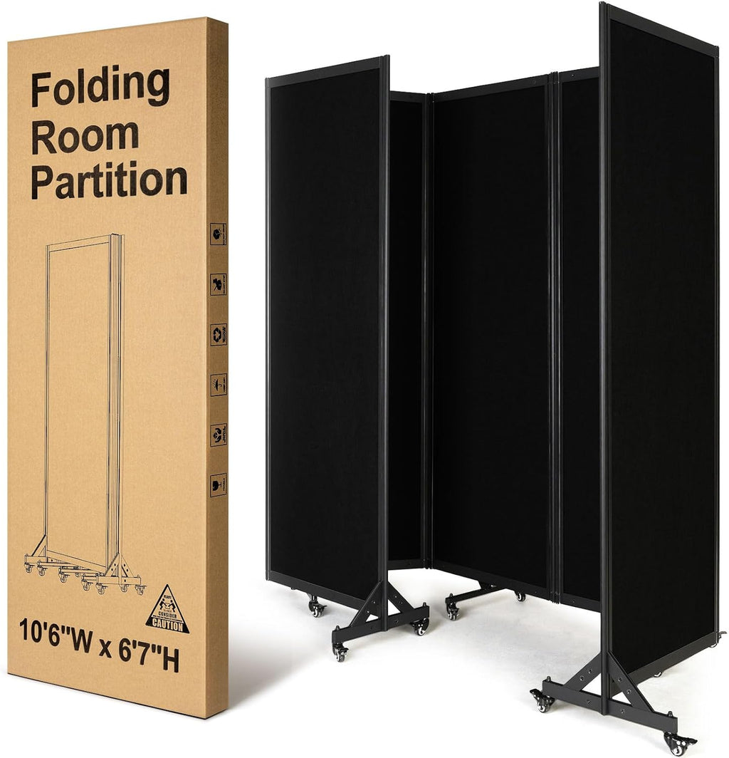 Folding Room Partition, Office Partition Dividers, Privacy Divider Wall, Office Divides, 10'6"W x 6'7"H,Black