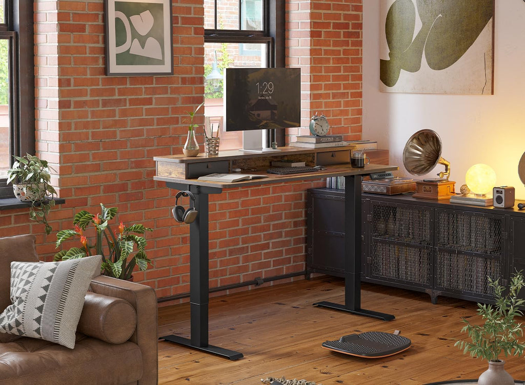 FEZIBO 48 x 24 Inch Height Adjustable Electric Standing Desk with Double Drawer, Stand Up Table with Storage Shelf, Sit Stand Desk, Rustic Brown