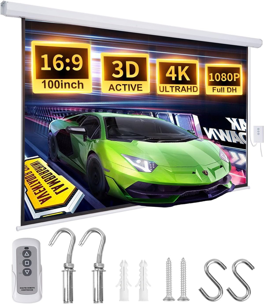 Electric Projector Screen 100 Inch with Remote Control Ceiling Mount Hooks, Pull Down Retractable Projector Screen Motorized Movie Screen White 16:9, Automatic Projector Screen Roll Down Indoor