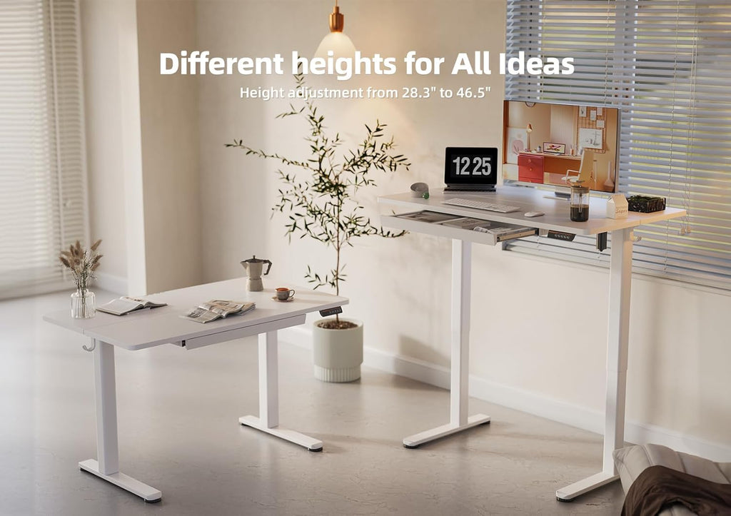 YDN Standing Desk with Drawers, 55 x 24 Inch White Standing Desks Electric Adjustable Height Desk for Computer Workstations, White
