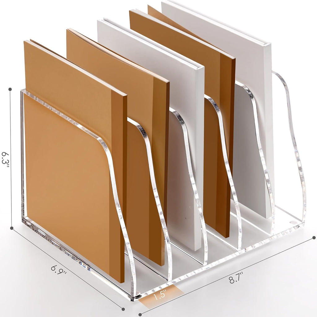SANRUI Acrylic Desk File Organizer, 5 Vertical Compartments Clear Magazine File Holder Workspace Sorters, Folder Rack for Office Accessories Organization Storage