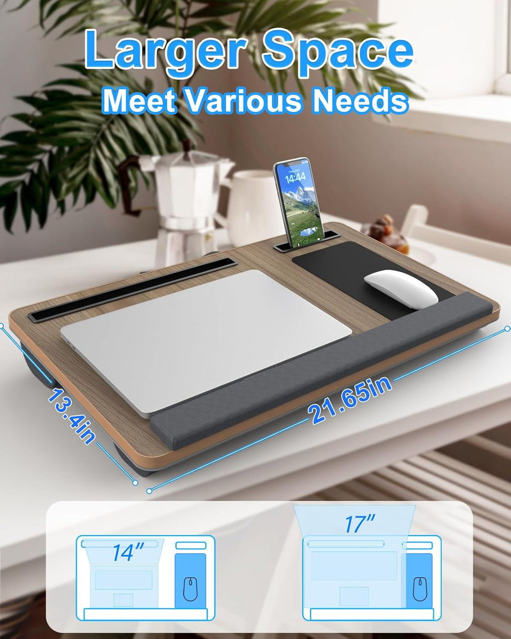 Laptop Lap Desk, Portable Large Laptop Desk for Bed, Up to 17 in Lap Table with Wrist Rest, Mouse Pad, Tablet Phone Slot, Portable Handle, Cushion (Dark Brown Woodgrain)