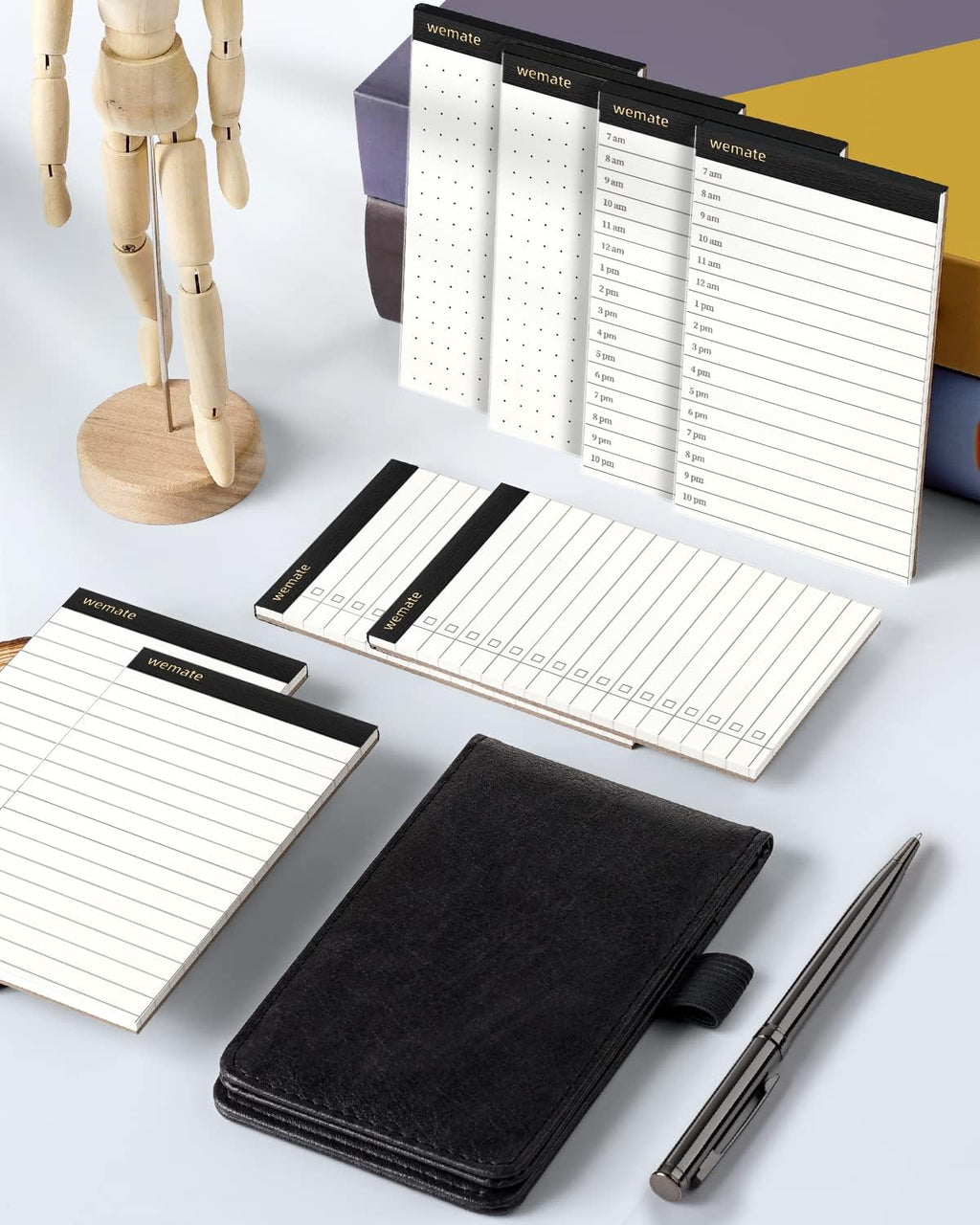 WEMATE 10 Pieces Small Notepad Holder Set Pocket Notebook - Included Mini Pocket Notepad Holder Set with 8 Memo Book Refills and Metal Pen for Meetings, Daily Records, and Notes 3 x 5 Inch (Blue)