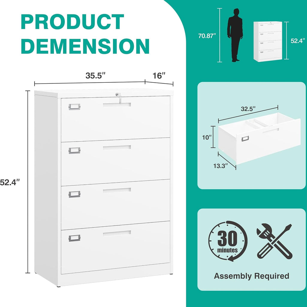 SISESOL 4 Drawer Lateral File Cabinet with Lock,White Lateral Filing Cabinet,Horizontal Metal Filing Cabinets,Locked Wide Four Drawer File Cabinets for Office Home,Fit A4/F4/Letter/Legal File