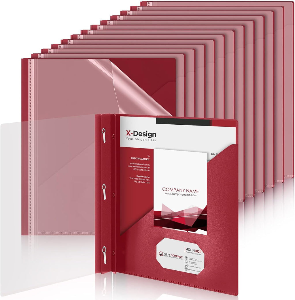 Teling 24 Pcs Clear Report Cover with 3 Prongs, Plastic Report Presentation Folders 90 Sheet Capacity Resume Document Covers for School Office(Dark Red)