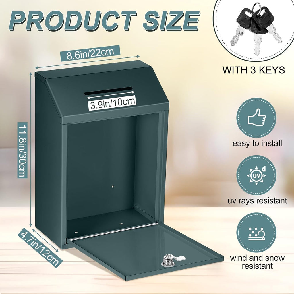 Metal Donation Cash Box Collection Safe Suggestion Box with Lock Wall Mounted Mailbox Delivery Ballot Container for Home Office Outdoor Door(Green,11.8 x 8.6 x 4.7 Inch)