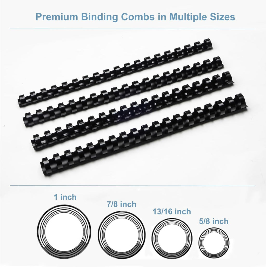 Rayson CR16202225BK Plastic Binding Combs 5/8 in. 13/16in, 7/8in, 1in, 19-Ring Letter Size, Black Comb Binding Spines, Multi-Size Pack of 40