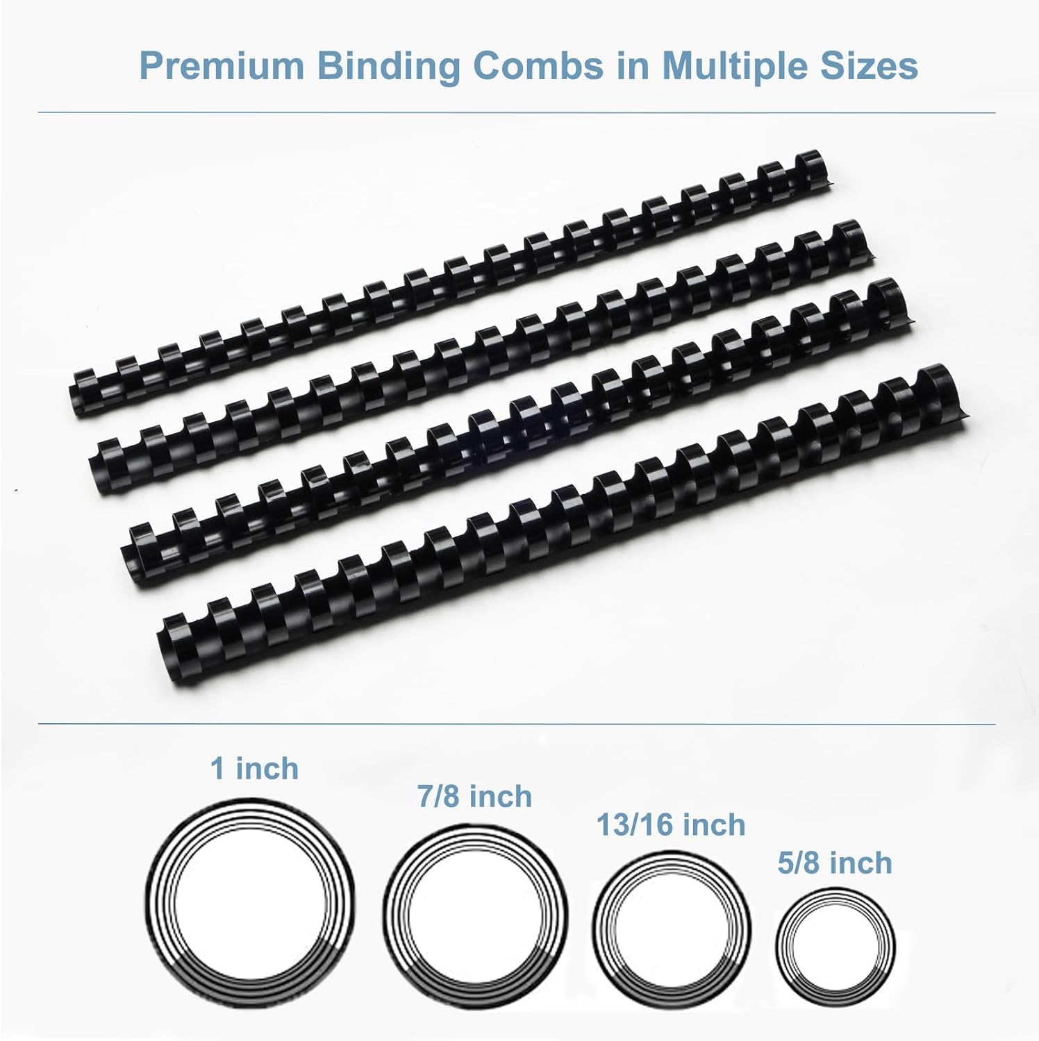 Rayson CR16202225BK Plastic Binding Combs 5/8 in. 13/16in, 7/8in, 1in, 19-Ring Letter Size, Black Comb Binding Spines, Multi-Size Pack of 40