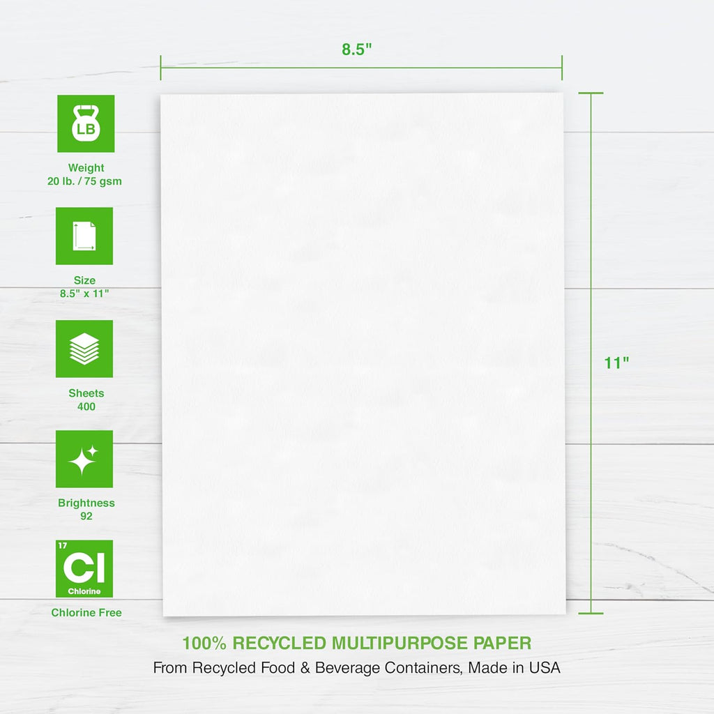 PrintWorks 100% Recycled Printer Paper 8.5" x 11" White - 20 lb Copy & Multipurpose Computer Paper - 1 Pack, 400 Sheets - Made in the USA - 92 Bright - Printer & Copier Compatible (00018)