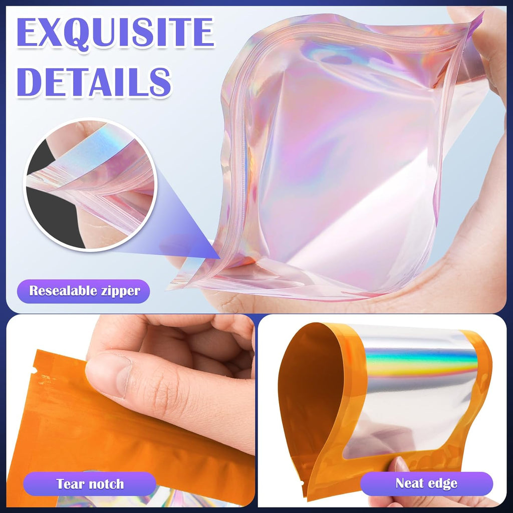 100 Pcs Mylar Bags, Smell Proof Bags Foil Pouch, Holographic Resealable Bags for Small Business, Candy Sample Jewelry Bag Sealable Packaging for Party Favor Food Storage (4x6in-Orange)