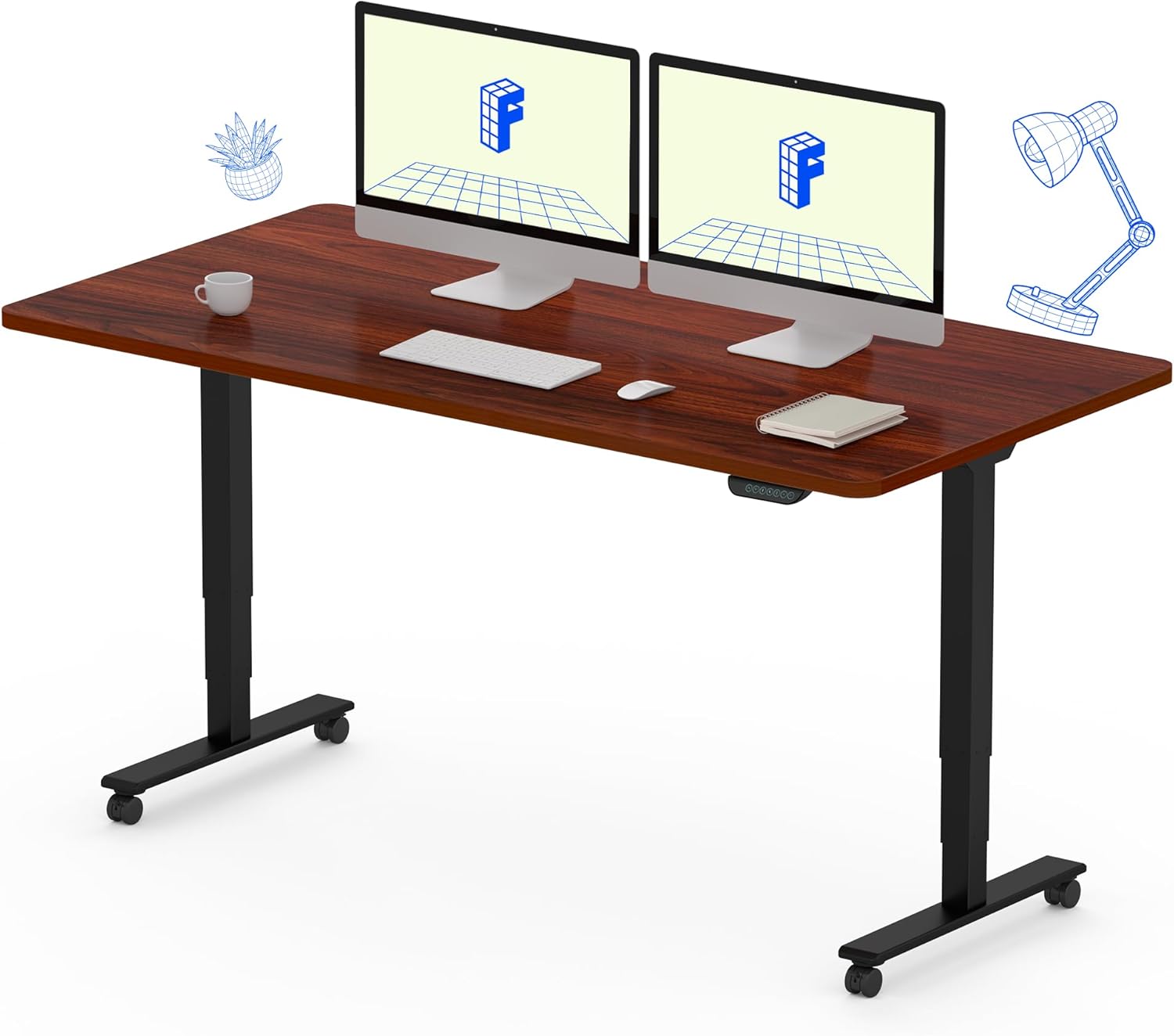 FLEXISPOT E6 MAX Dual Motor 3 Stages Standing Desk 55x28 Inch Whole-Piece Board Electric Height Adjustable Stand Up Desk 150KG Load Capacity(Black Frame + Mahogany Desktop)