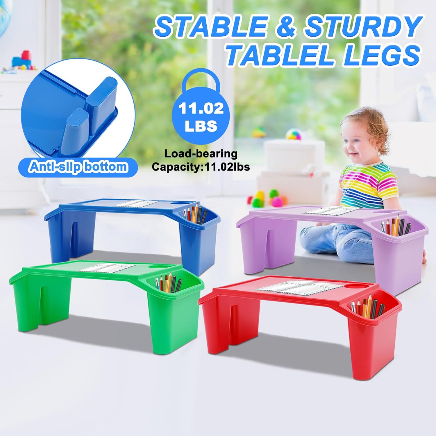 4 Pack Kids Lap Desk Tray with Storage Slots, Portable Lap Desk, Activity Tray, Plastic Breakfast Laptop Trays, Drawing, Stackable, Writing, Eating, Classroom, 21.65" L x 11.8" W x 8.46" H